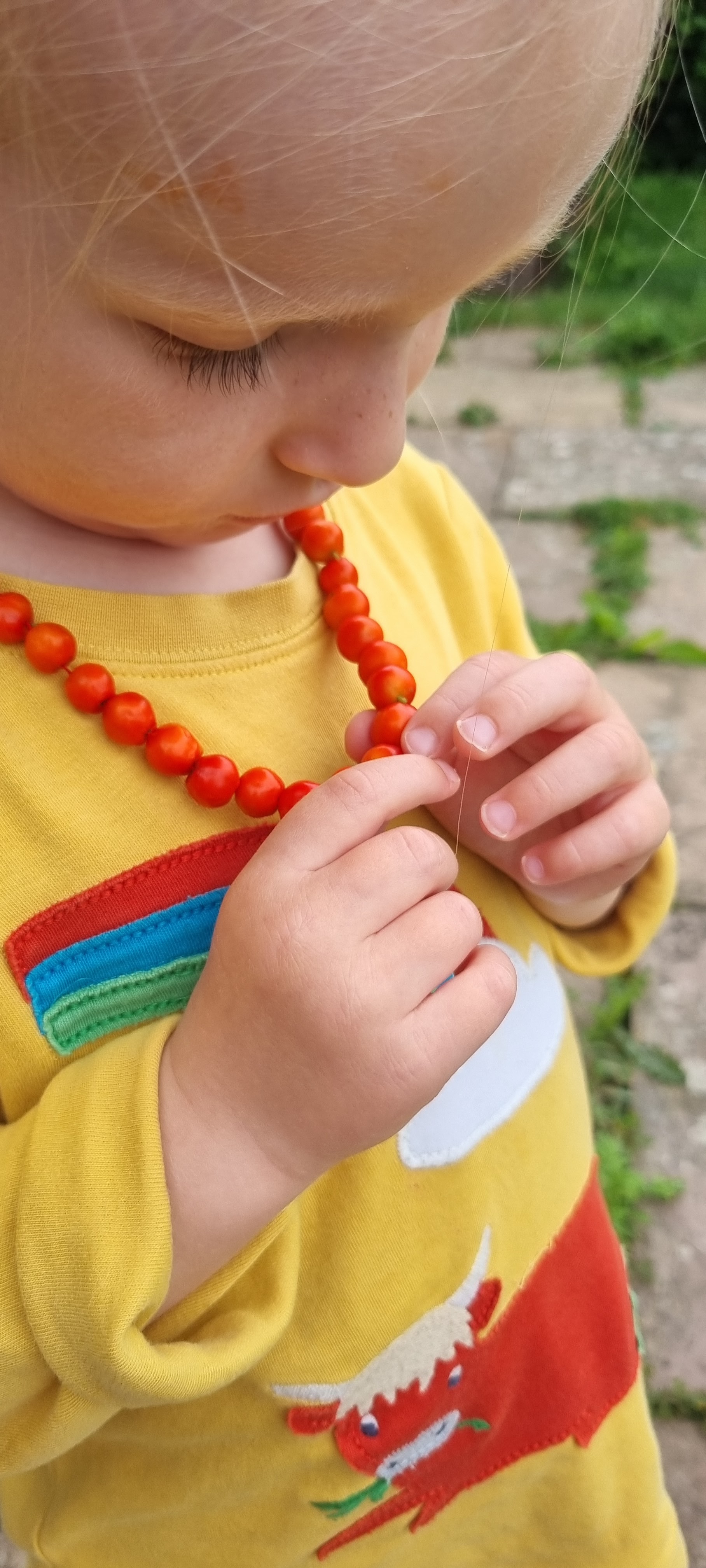 A child holding the strung rowan berries outdoors
