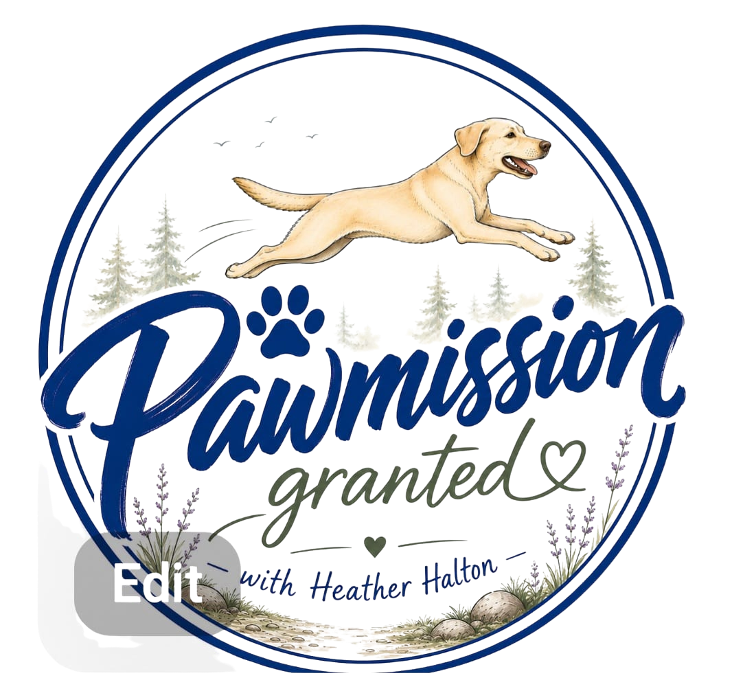 Pawmission Granted with Heather Halton: a leaping yellow Labrador inside a navy ring above brush-script lettering